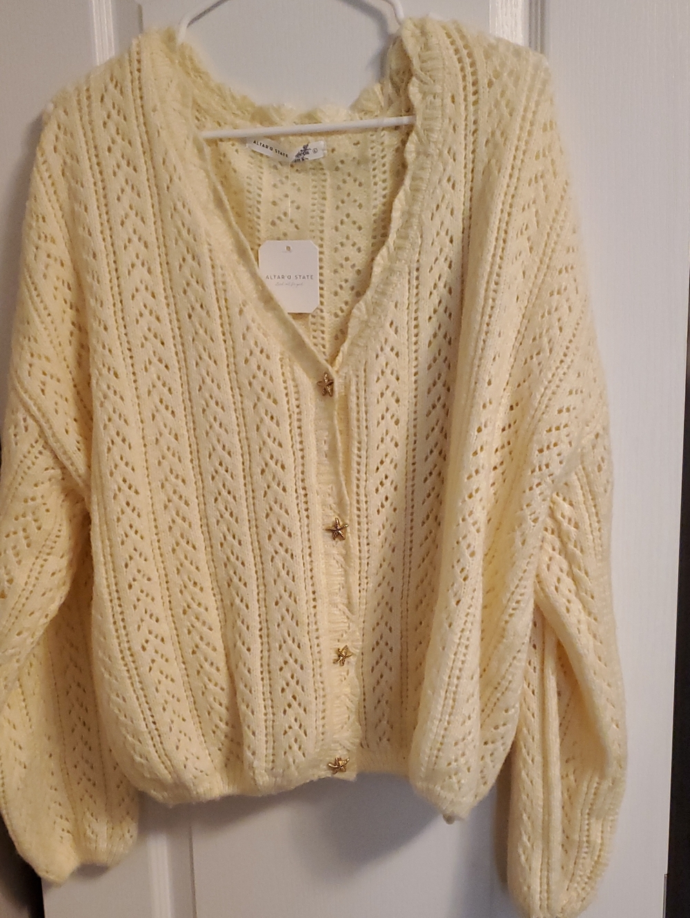 Altar'd State Pale Yellow Openwork Button Cardigan